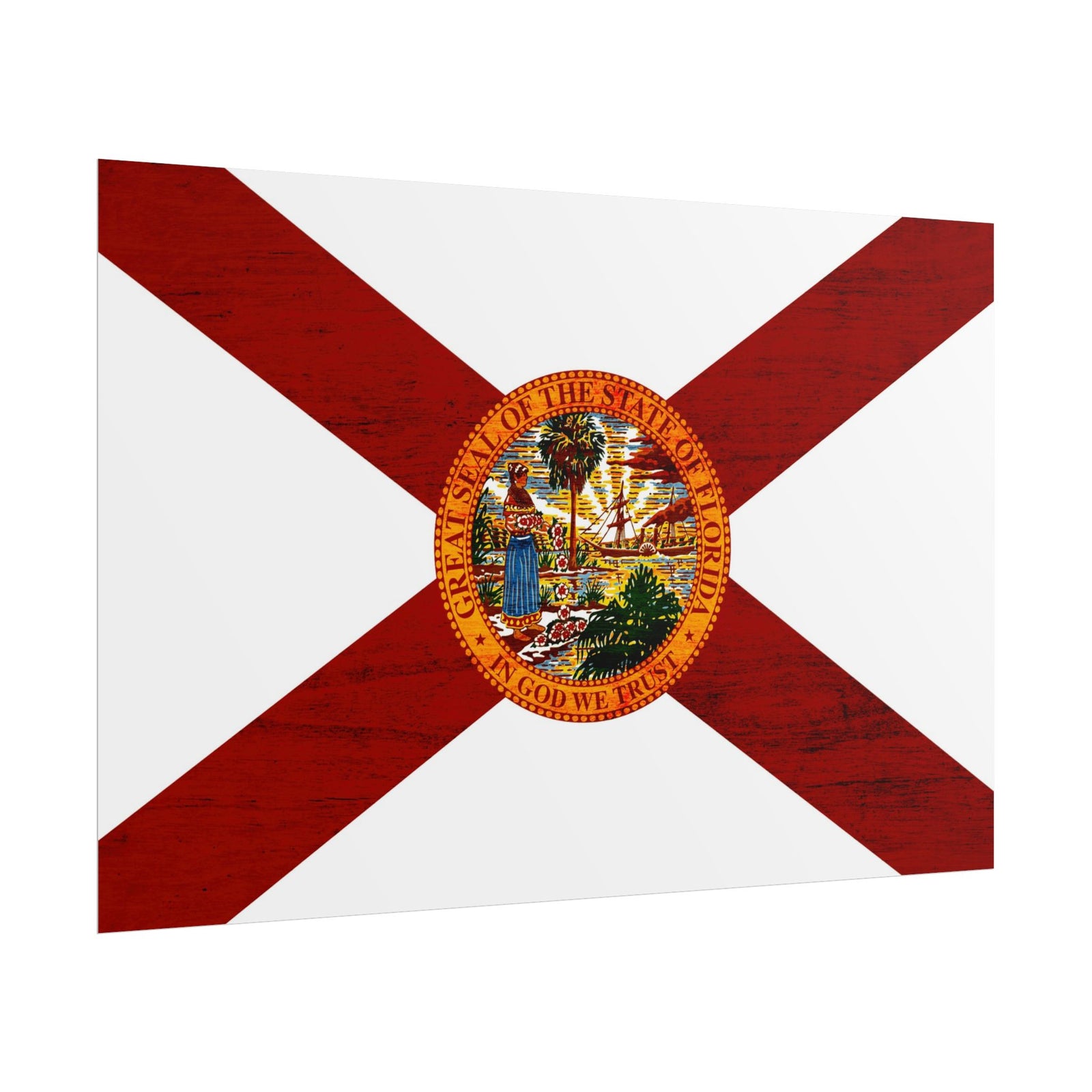Florida State Flag Rolled Poster — Vintage Wood-Texture Cross with State Seal