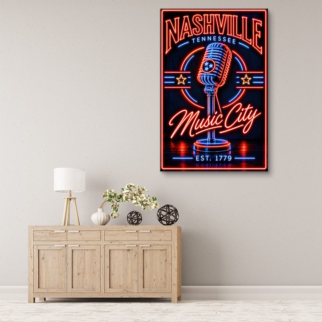 Nashville Neon Microphone Poster Canvas Wall Art Print