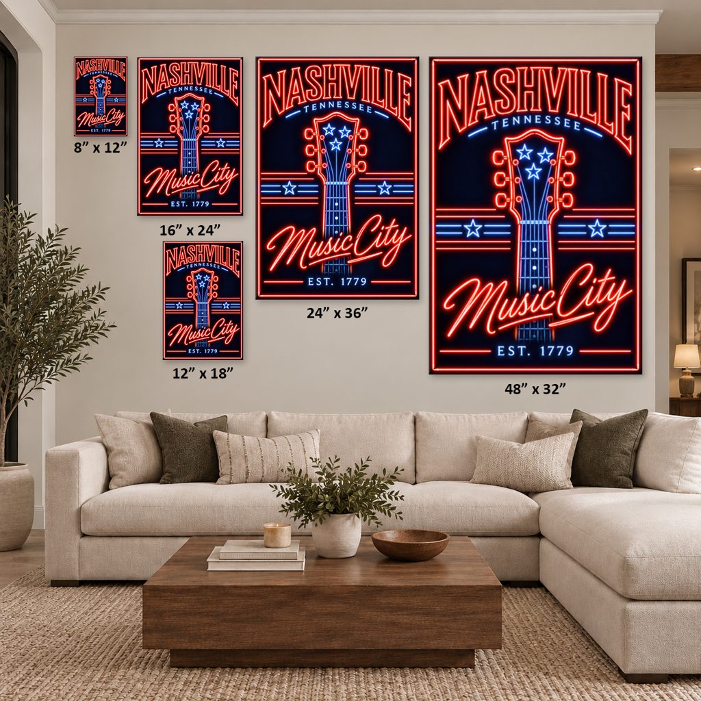 Nashville Neon Guitar Headstock Poster Canvas Wall Art Print