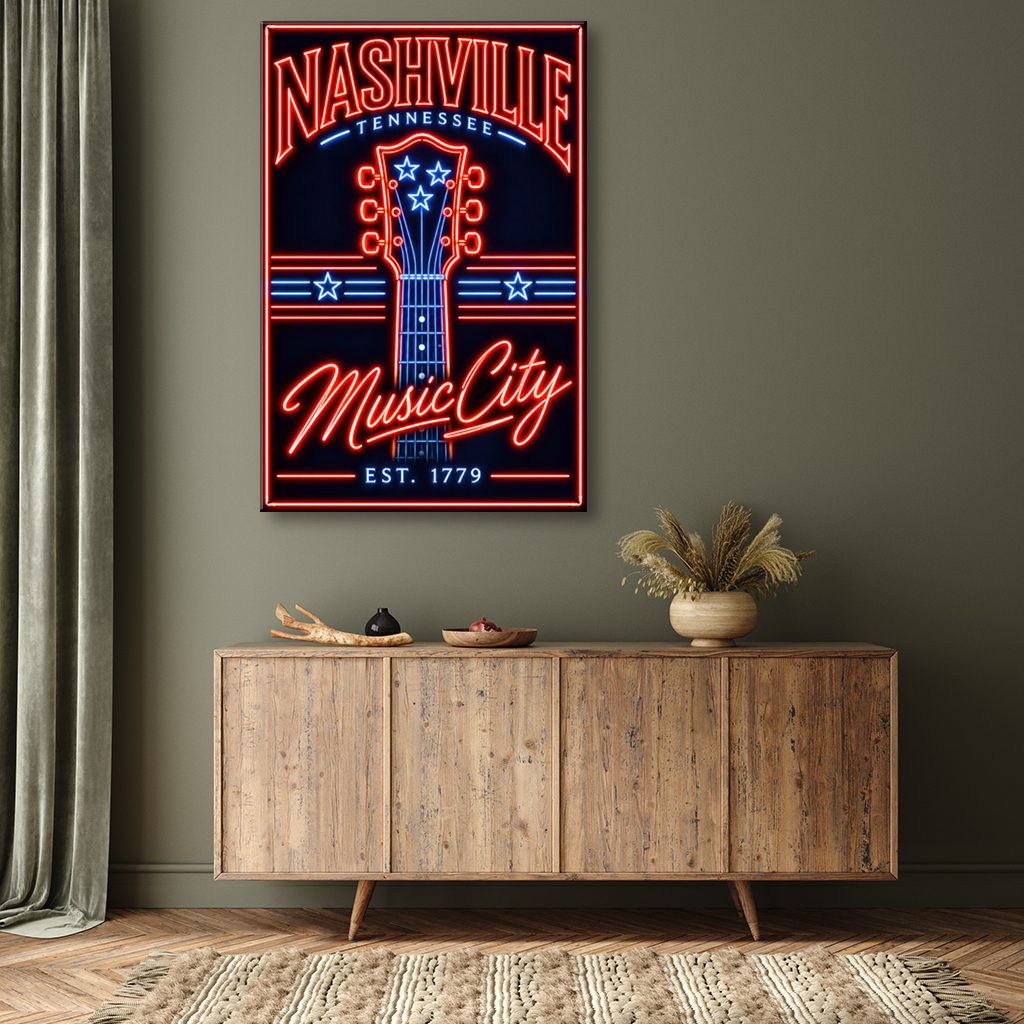 Nashville Neon Guitar Headstock Poster Canvas Wall Art Print