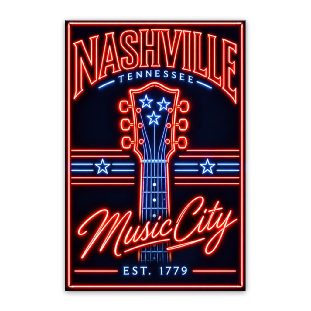 Nashville Neon Guitar Headstock Poster Canvas Wall Art Print