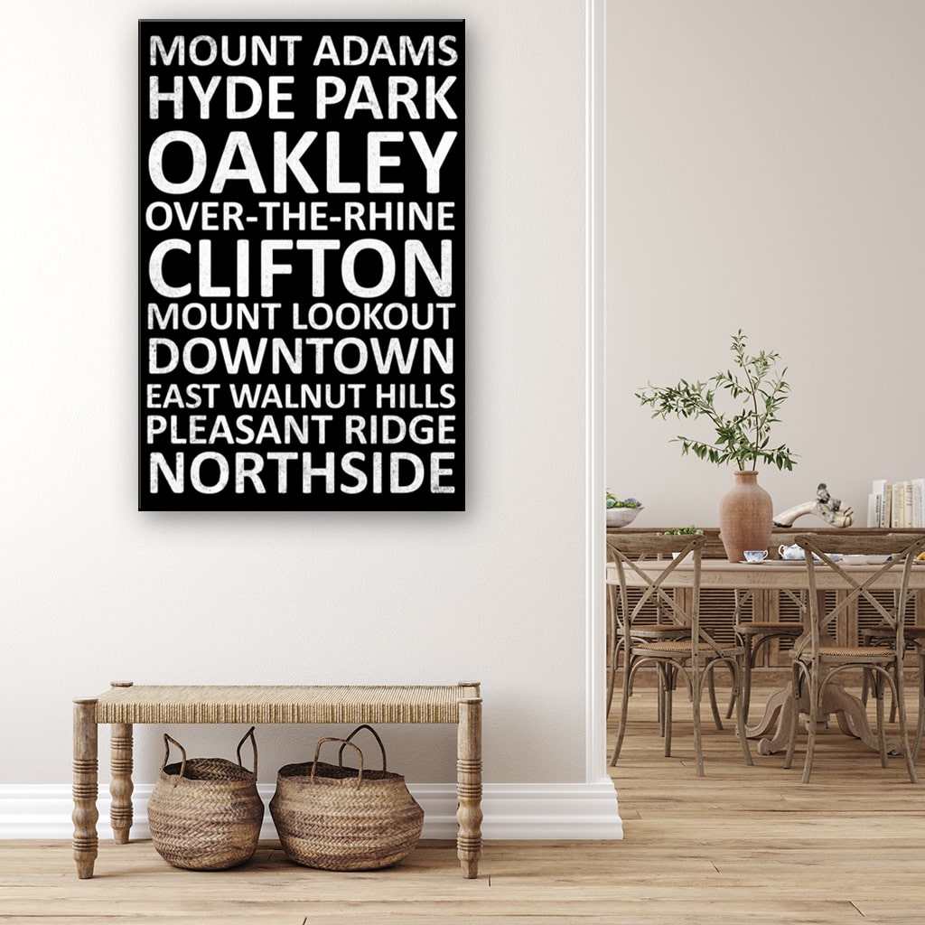 Cincinnati Neighborhood Canvas Wall Art Print - Black