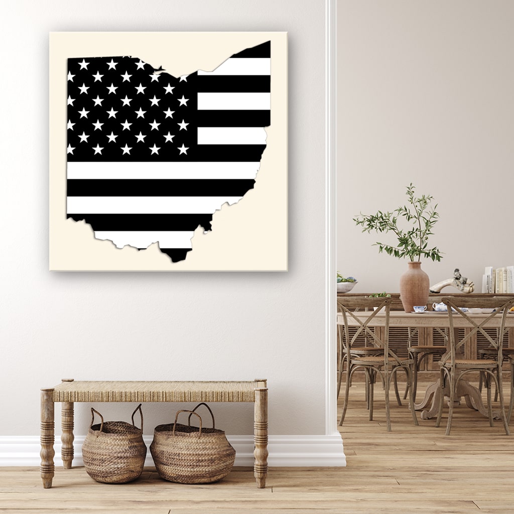 Ohio Black and White American Flag Silhouette Canvas Wall Art Print