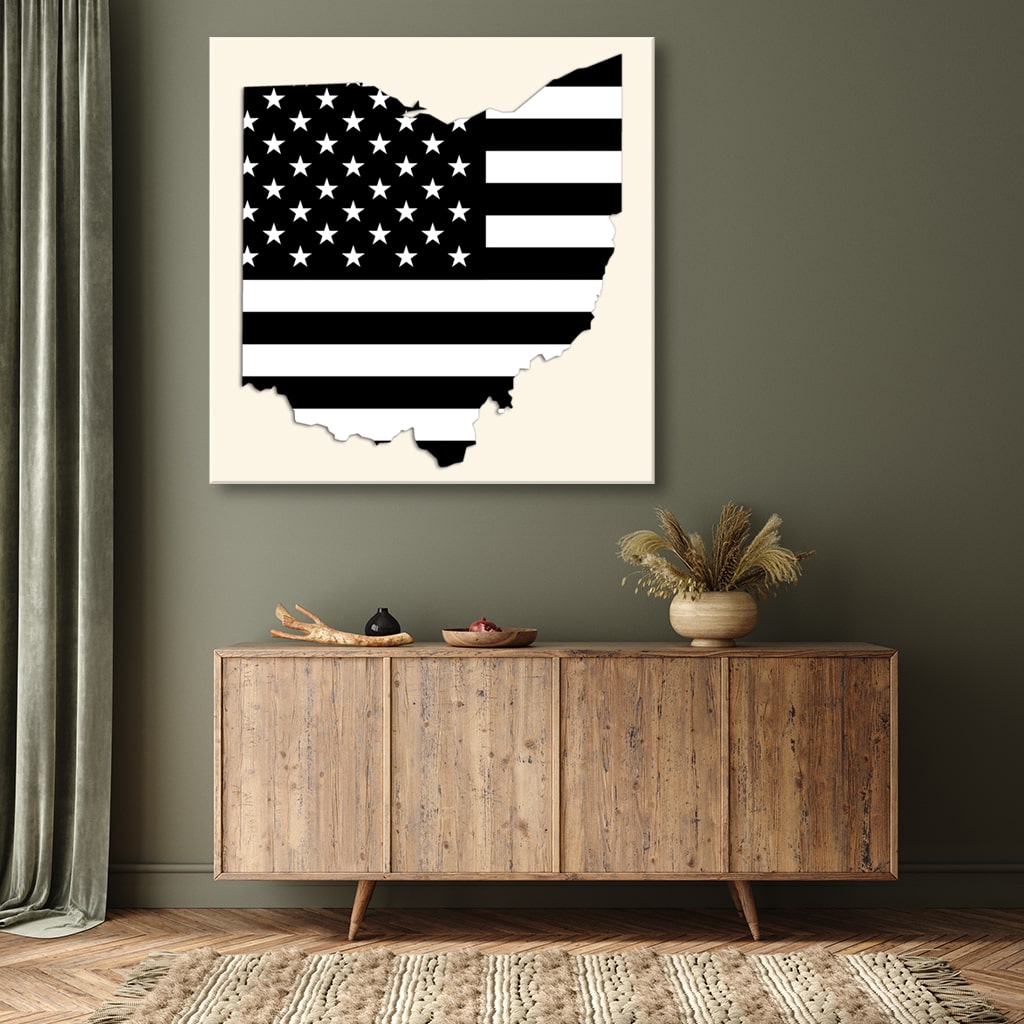 Ohio Black and White American Flag Silhouette Canvas Wall Art Print