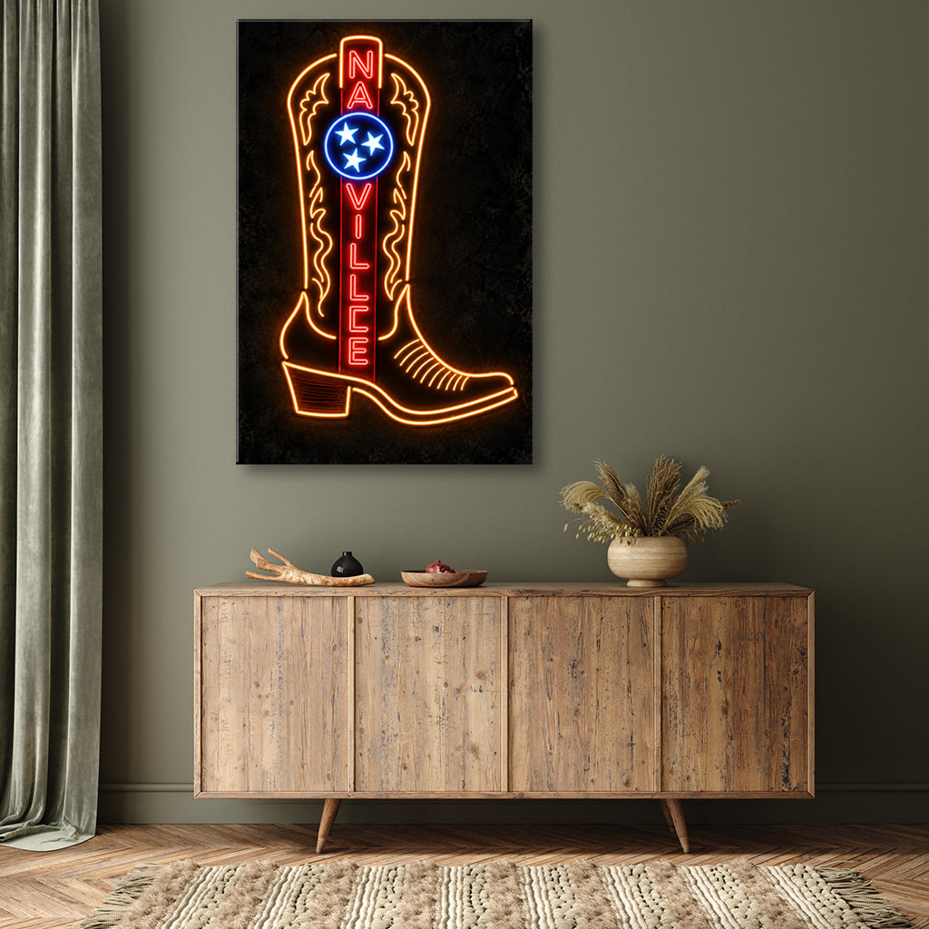 Nashville Neon Cowboy Boot Canvas Wall Art Print