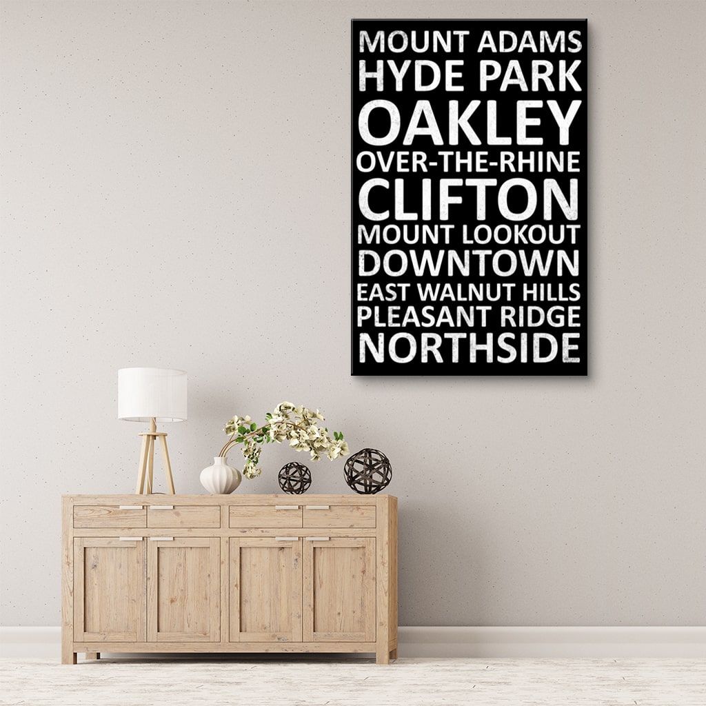 Cincinnati Neighborhood Canvas Wall Art Print - Black