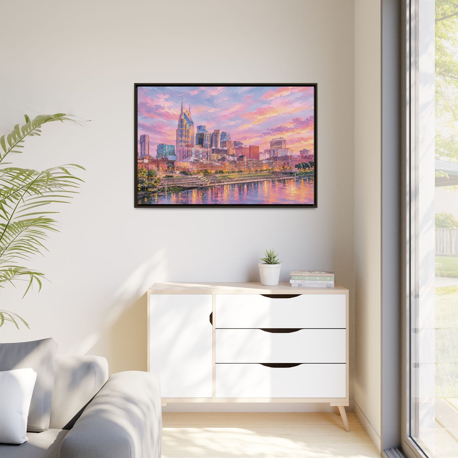 Framed Matte Canvas Print — Colorful City Skyline at Sunset