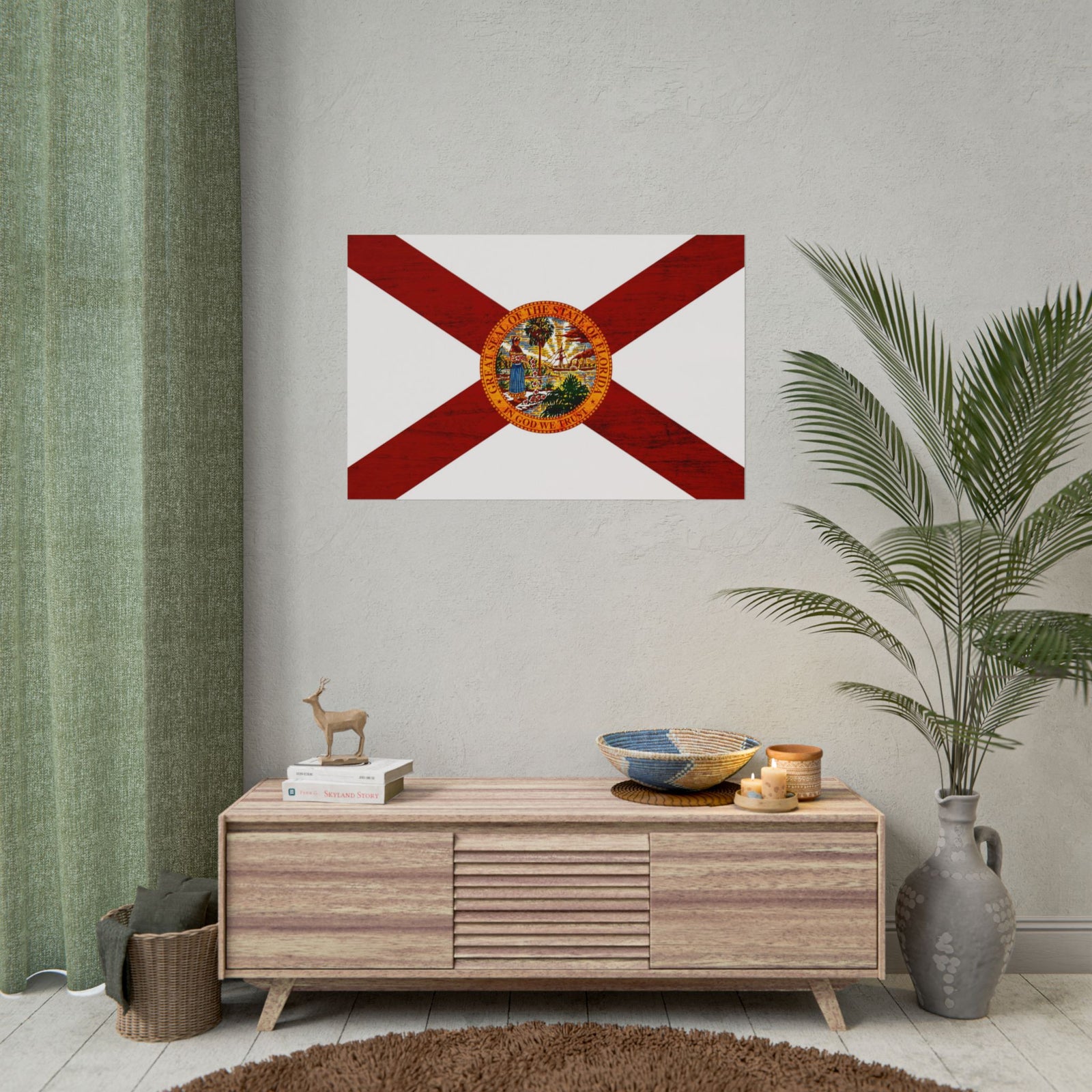 Florida State Flag Rolled Poster — Vintage Wood-Texture Cross with State Seal
