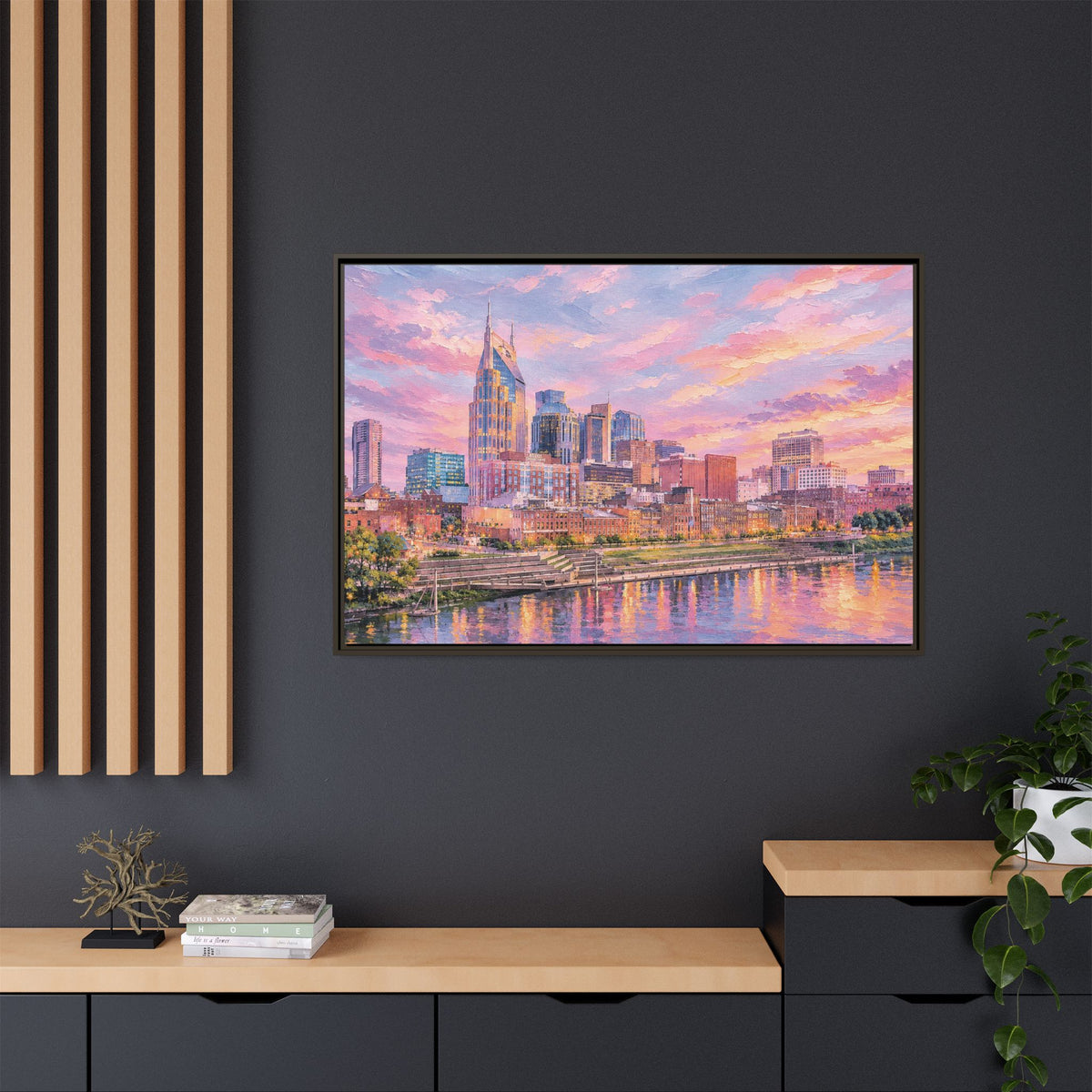 Framed Matte Canvas Print — Colorful City Skyline at Sunset