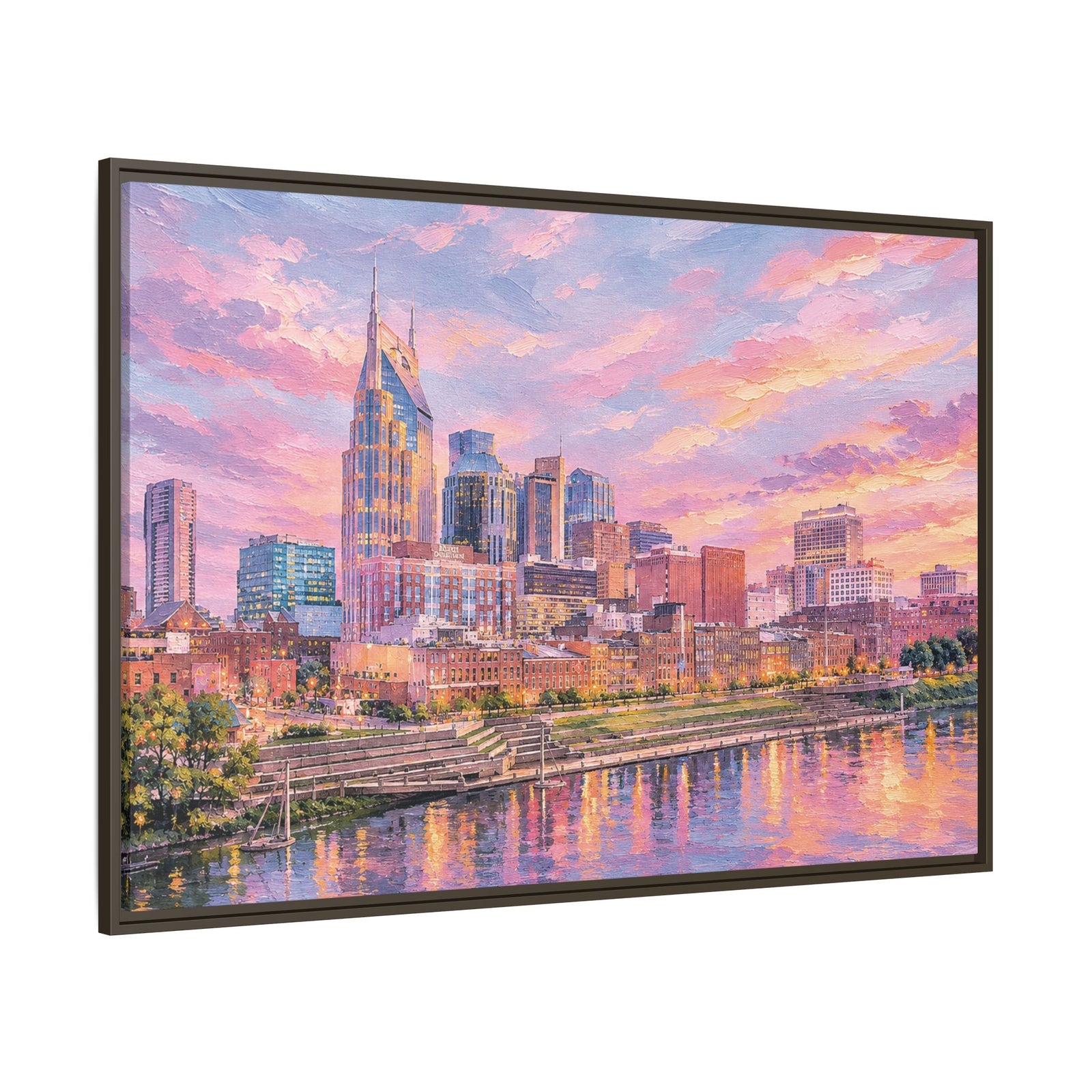 Framed Matte Canvas Print — Colorful City Skyline at Sunset