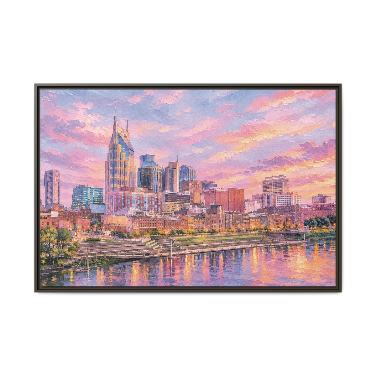 Framed Matte Canvas Print — Colorful City Skyline at Sunset