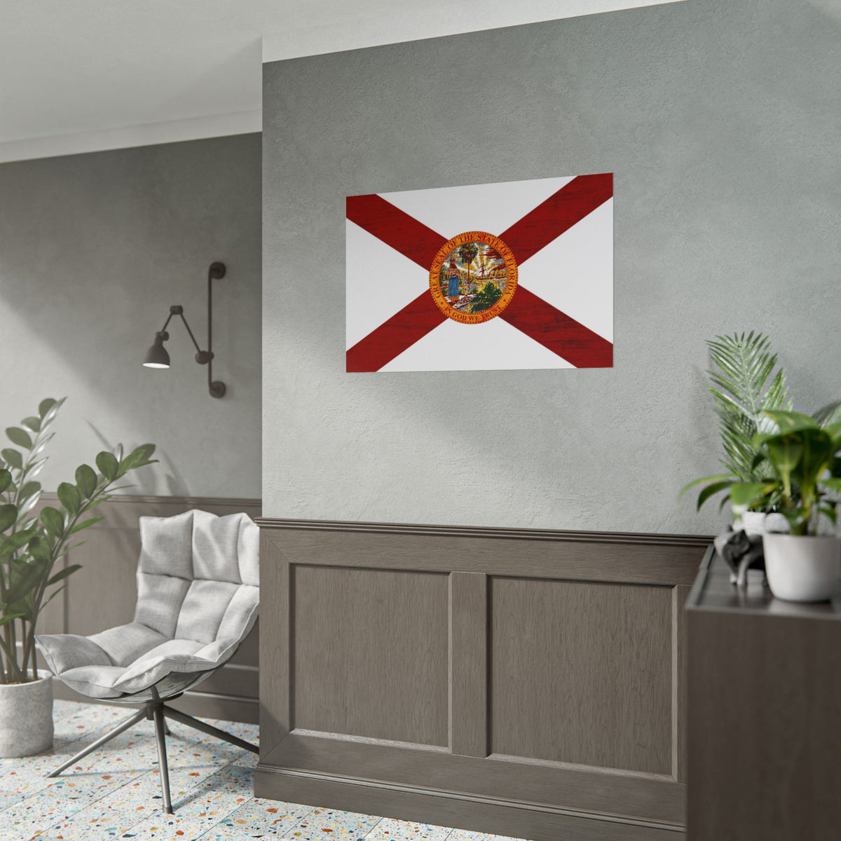 Florida State Flag Rolled Poster — Vintage Wood-Texture Cross with State Seal