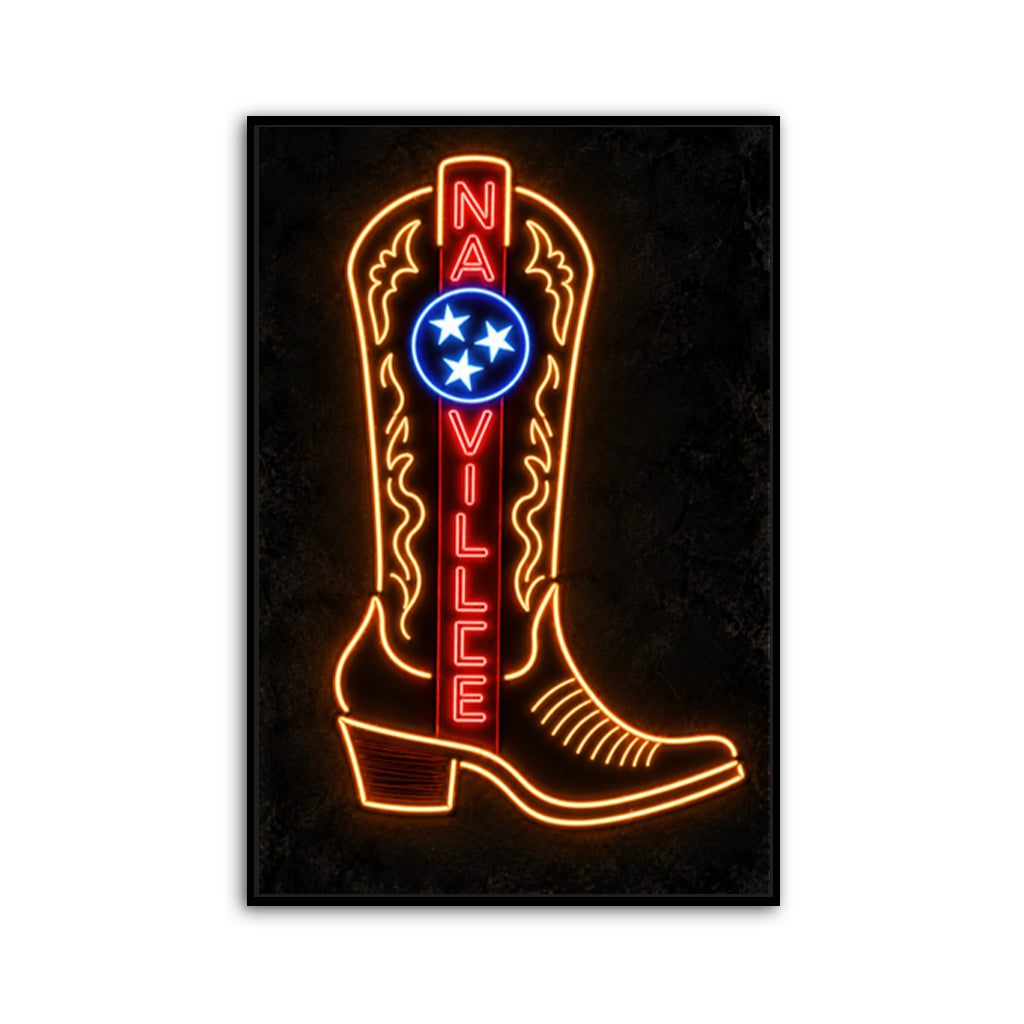 Nashville Neon Cowboy Boot Canvas Wall Art Print