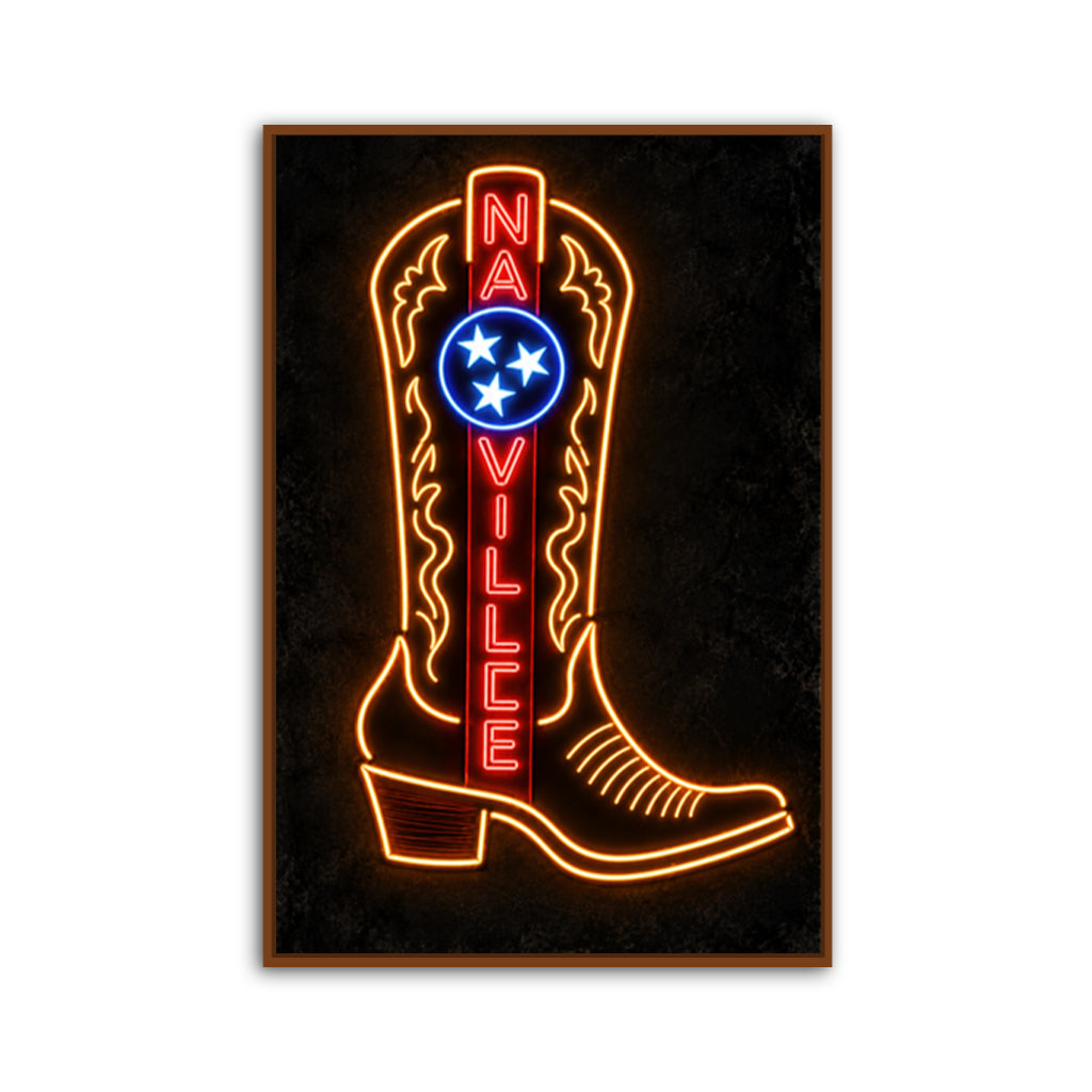 Nashville Neon Cowboy Boot Canvas Wall Art Print