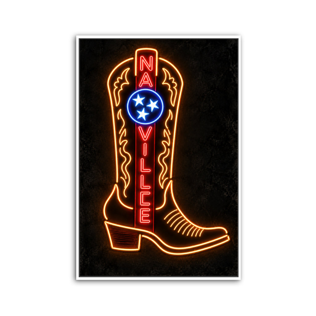 Nashville Neon Cowboy Boot Canvas Wall Art Print