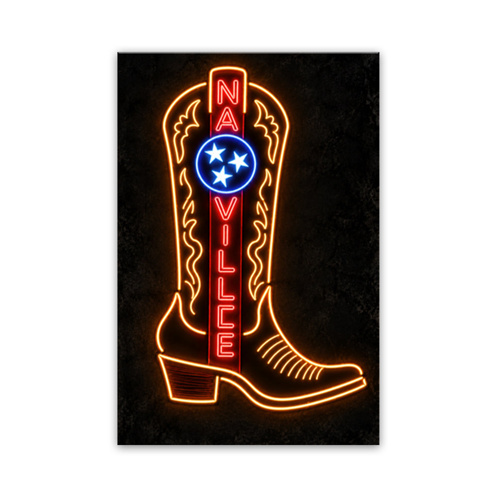 Nashville Neon Cowboy Boot Canvas Wall Art Print