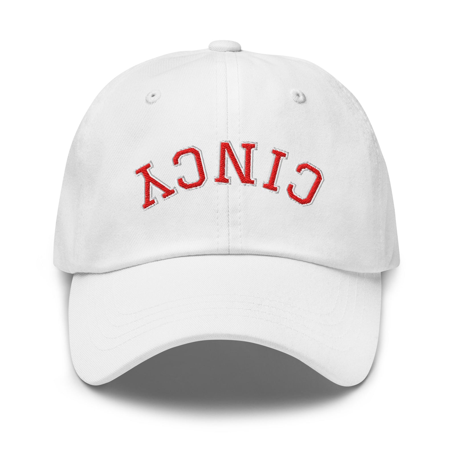 Upside Down Red & White Cincy Dad Hat