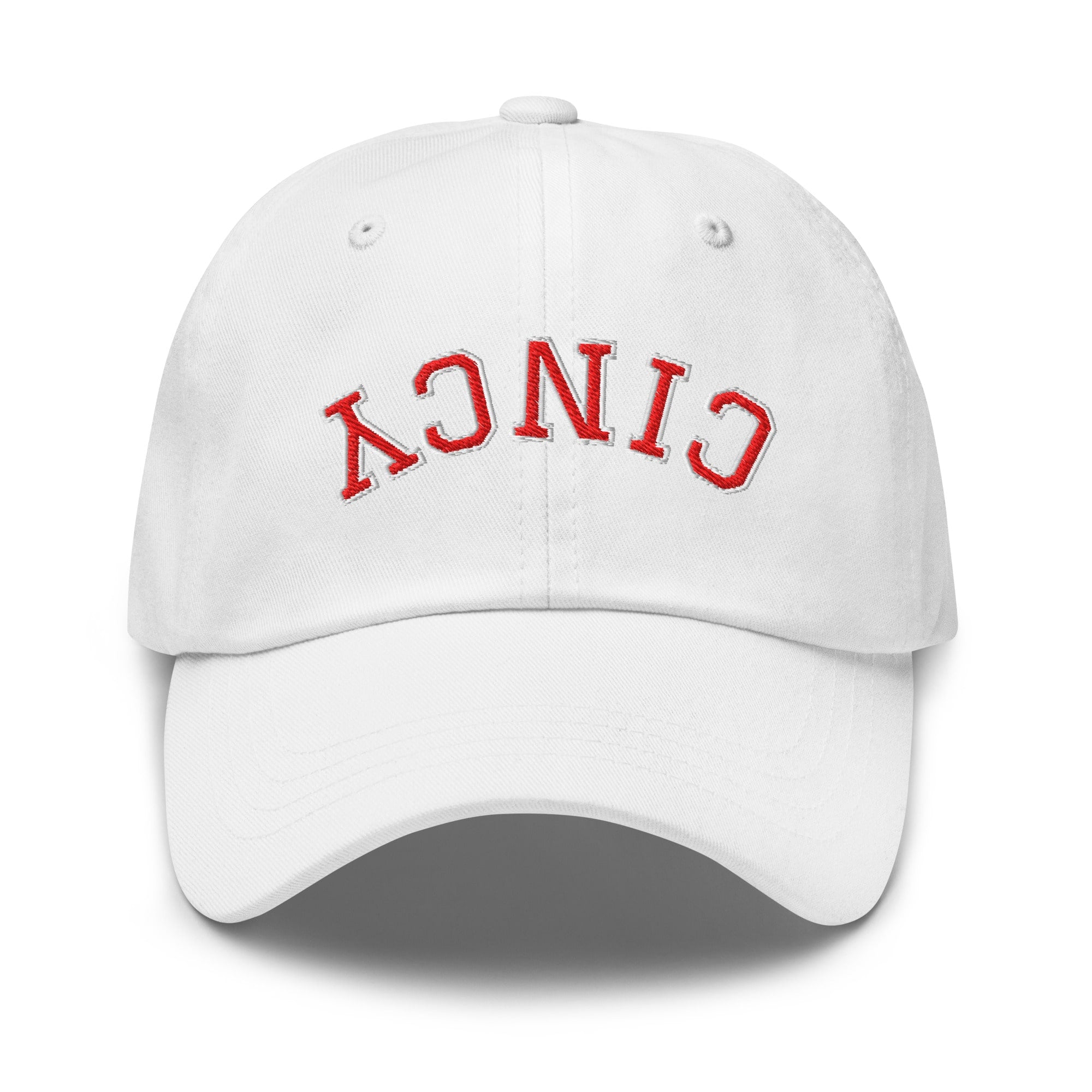 Upside Down Red & White Cincy Dad Hat