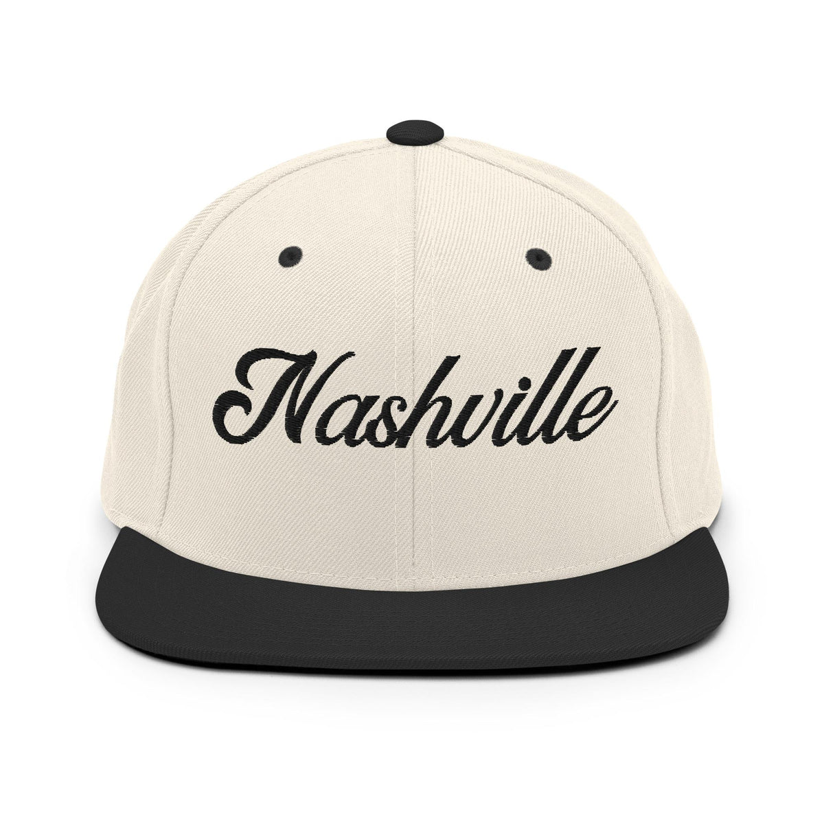 Nashville White Script Natural/Black Snapback Hat