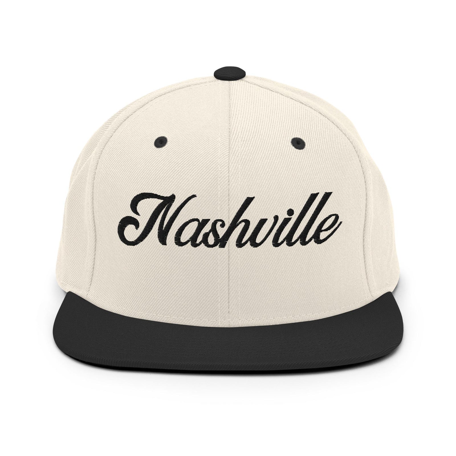 Nashville White Script Natural/Black Snapback Hat