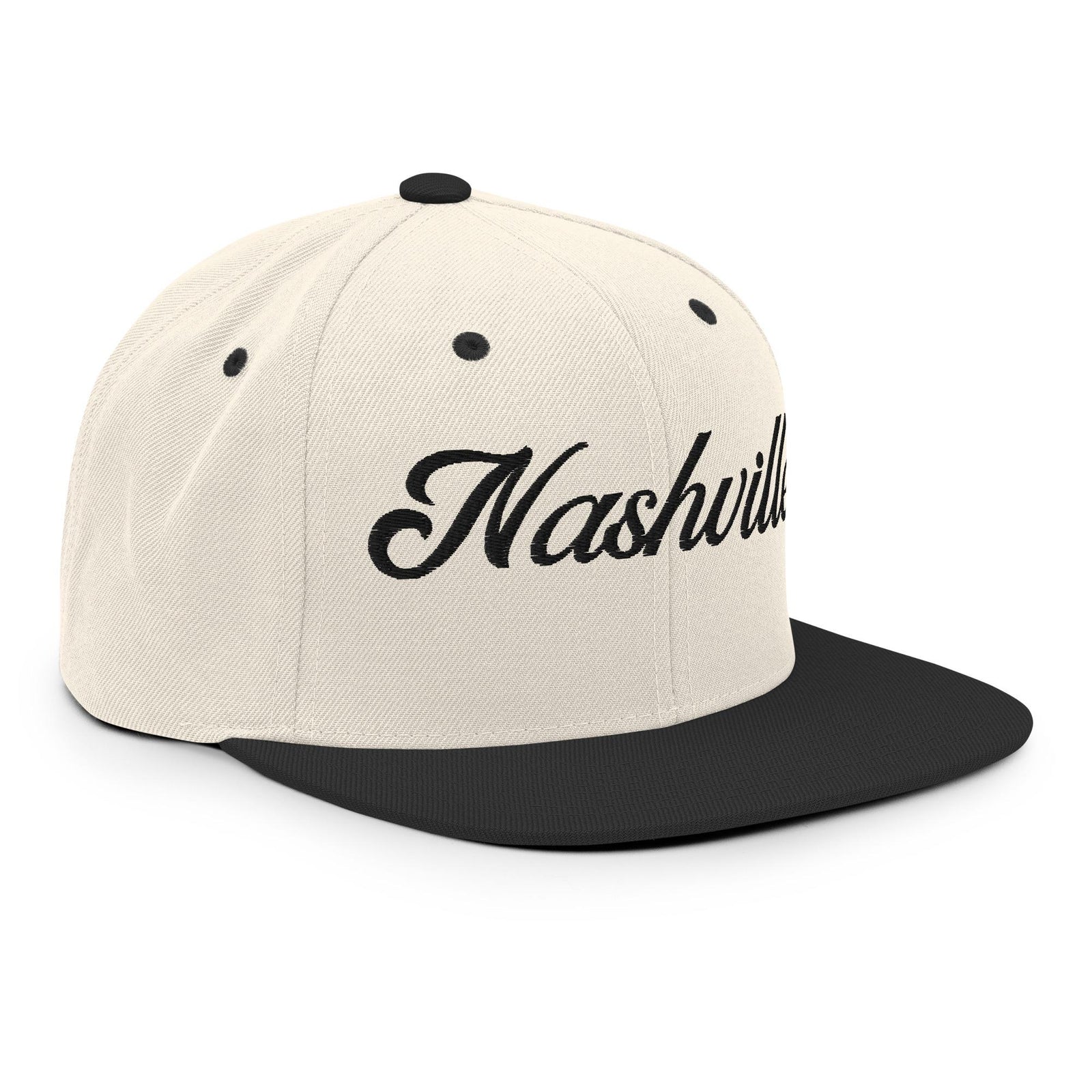 Nashville White Script Natural/Black Snapback Hat