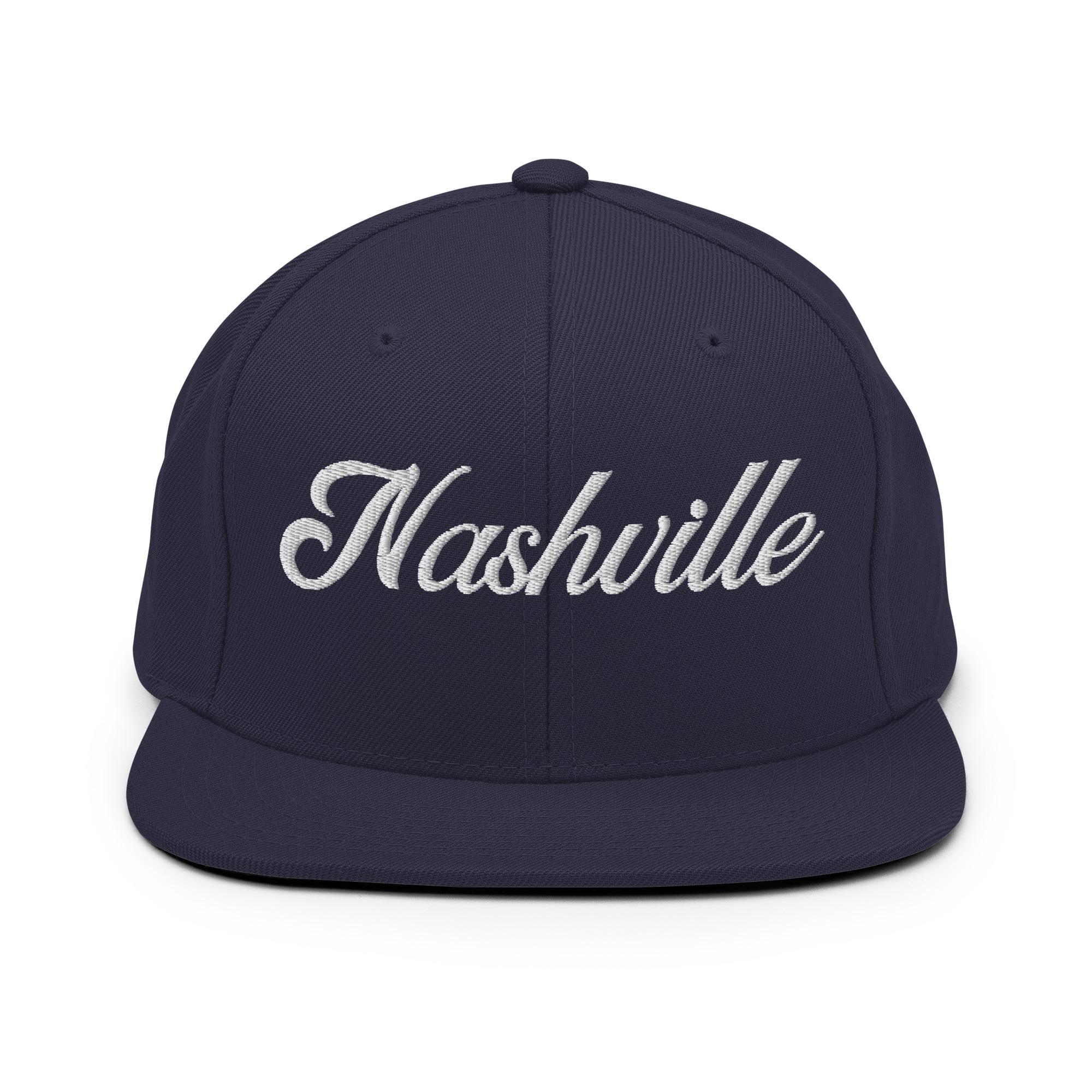 Nashville White Script Black Snapback Hat