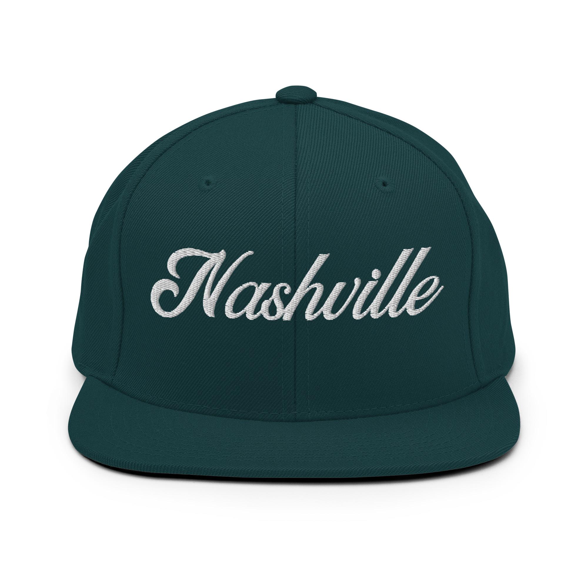 Nashville White Script Black Snapback Hat