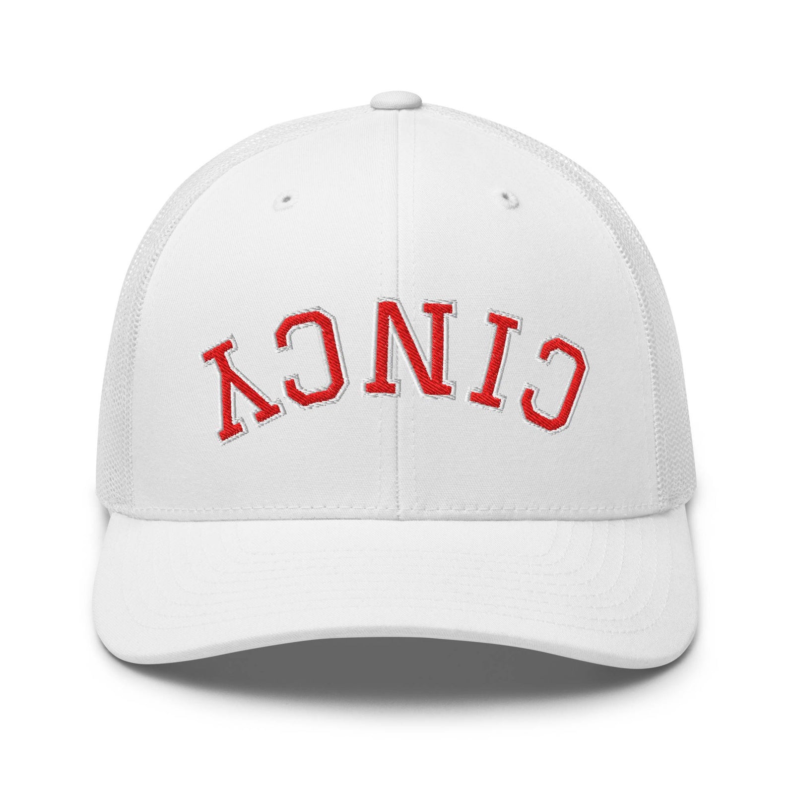 Upside Down Red & White Cincy Trucker Hat