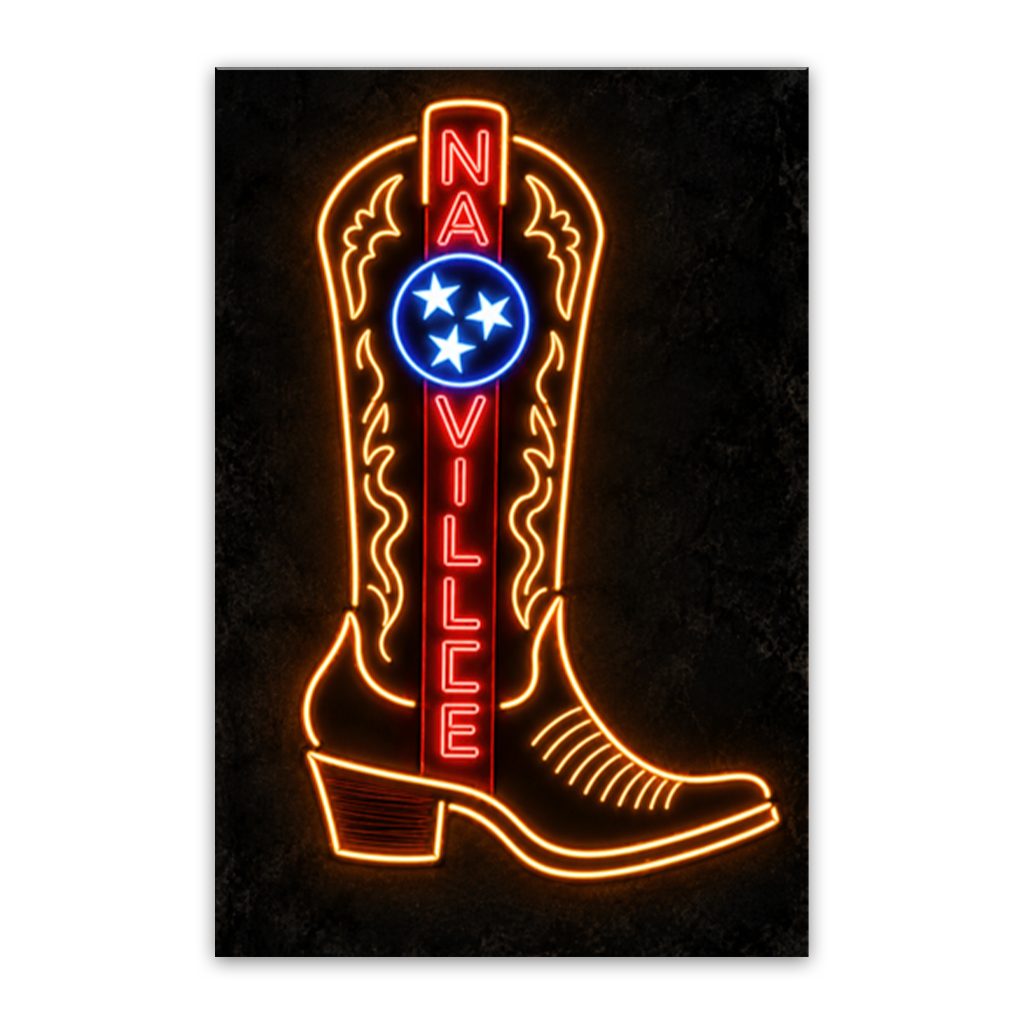 Nashville Neon Cowboy Boot Canvas Wall Art Print