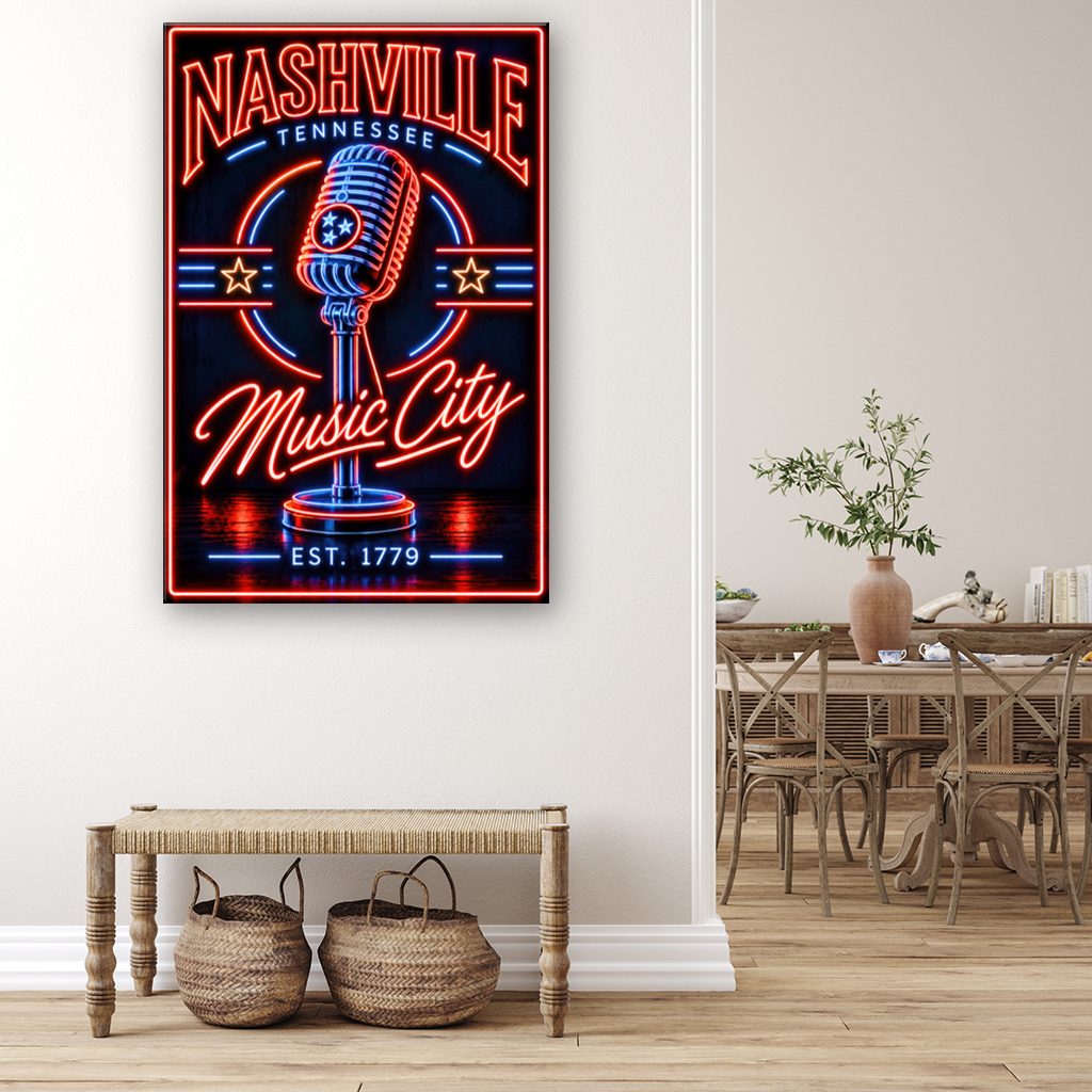 Nashville Neon Microphone Poster Canvas Wall Art Print