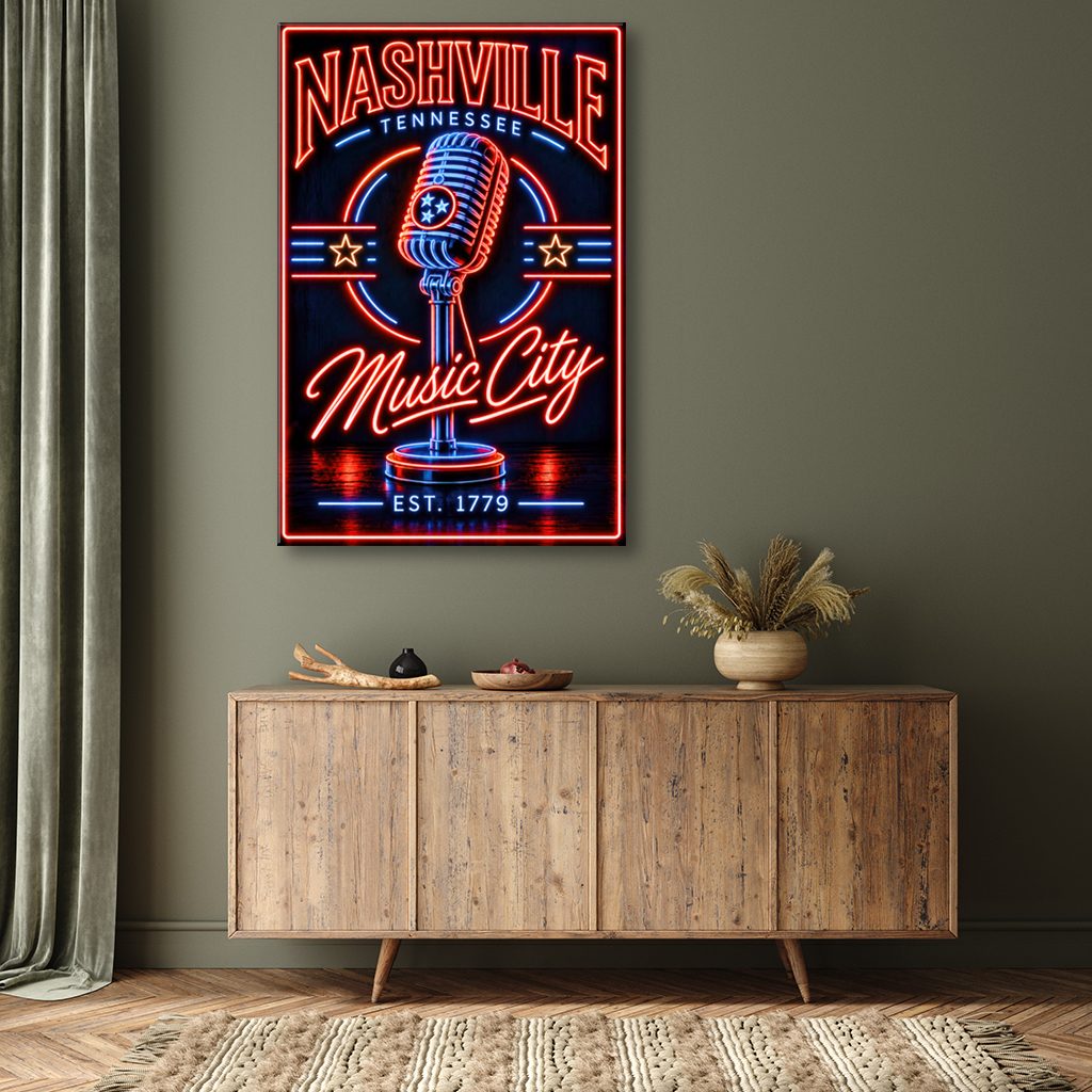 Nashville Neon Microphone Poster Canvas Wall Art Print