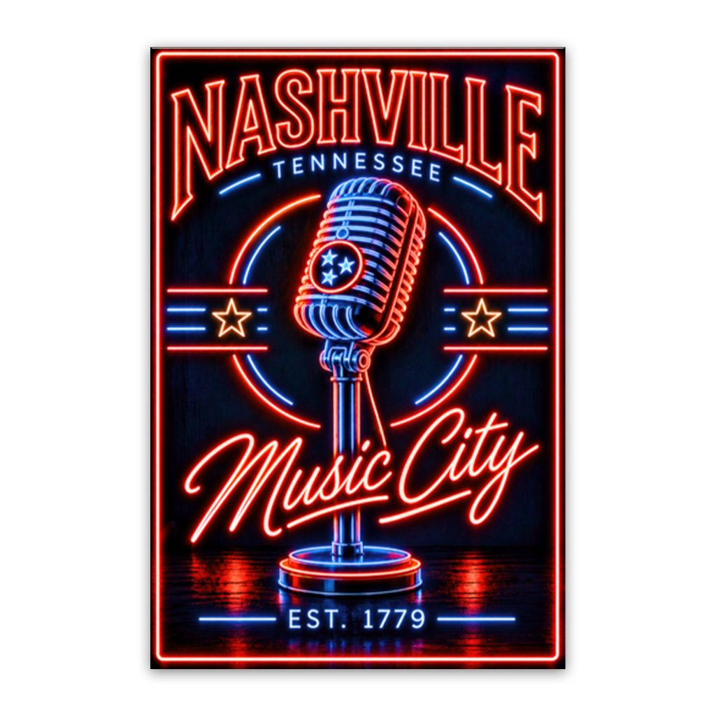 Nashville Neon Microphone Poster Canvas Wall Art Print