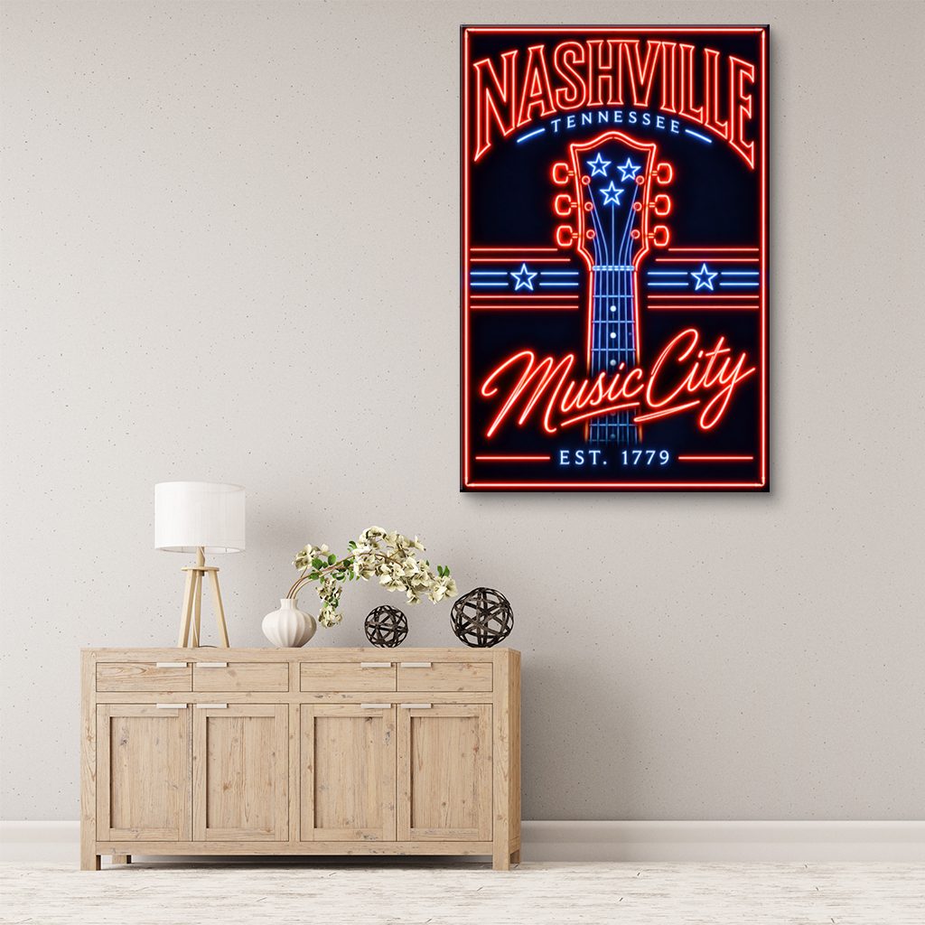 Nashville Neon Guitar Headstock Poster Canvas Wall Art Print
