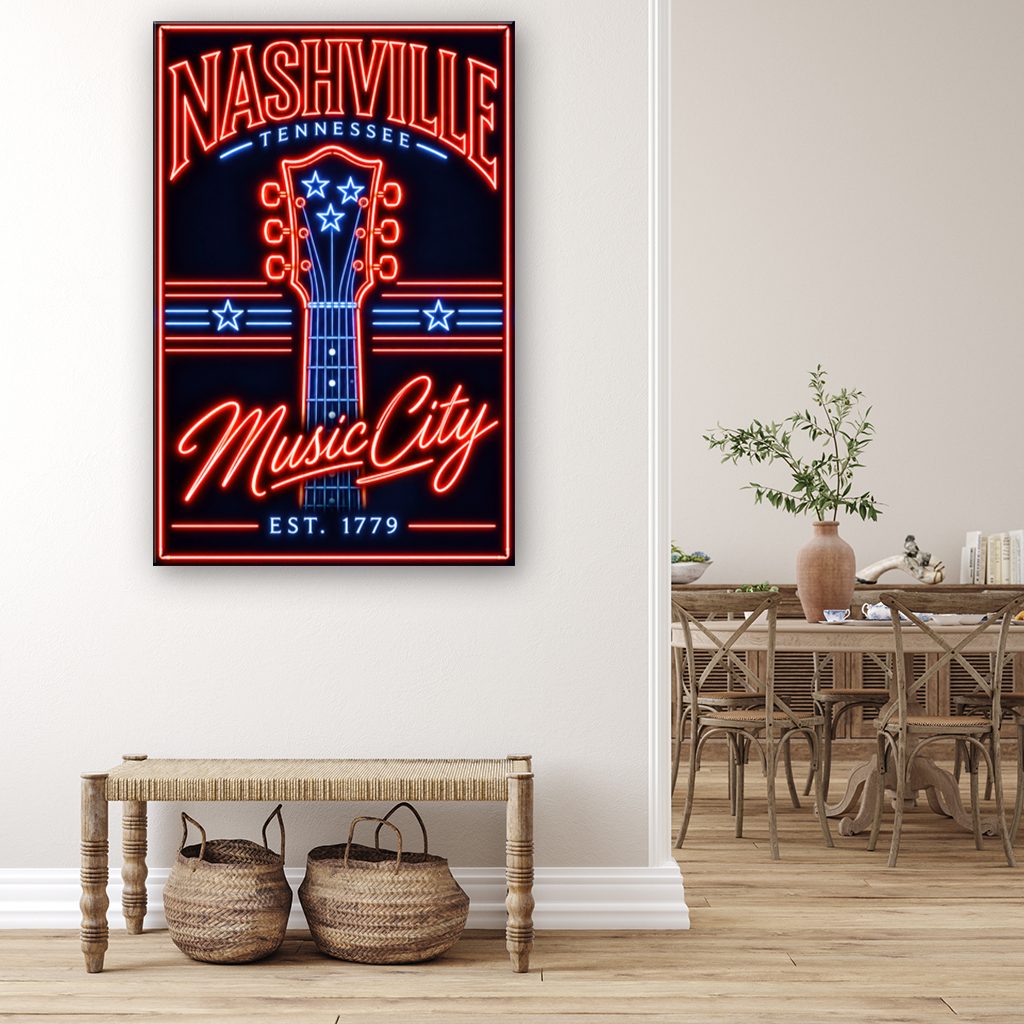 Nashville Neon Guitar Headstock Poster Canvas Wall Art Print