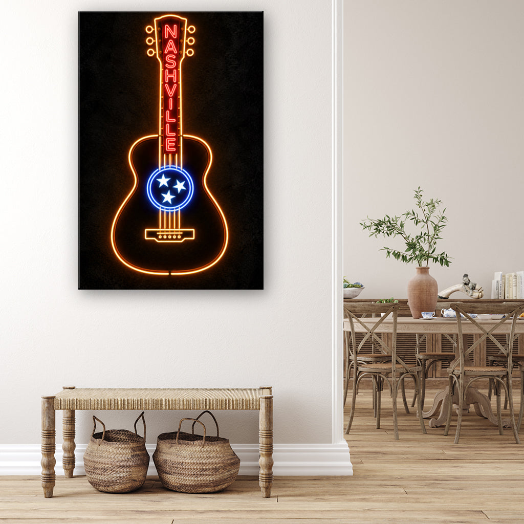 Nashville Neon Guitar Canvas Wall Art Print