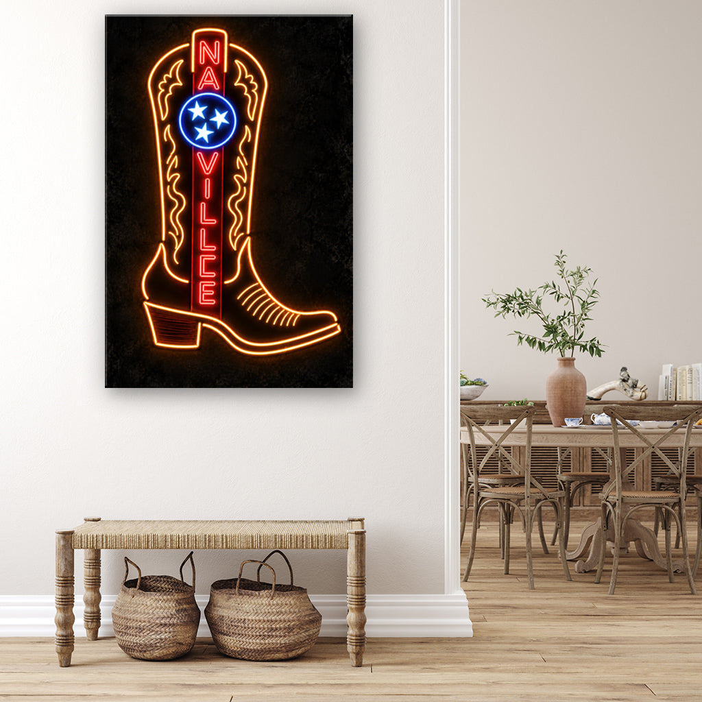 Nashville Neon Cowboy Boot Canvas Wall Art Print