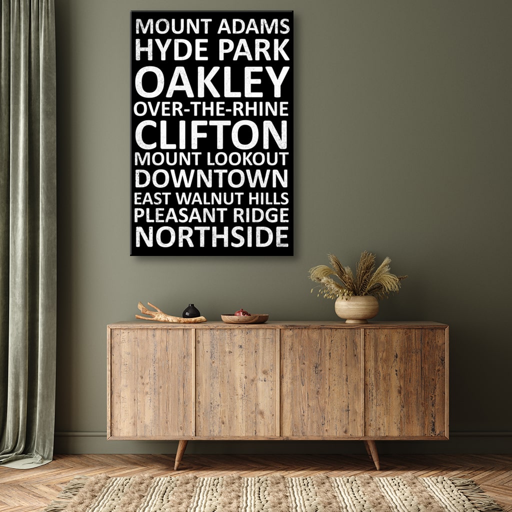 Cincinnati Neighborhood Canvas Wall Art Print - Black
