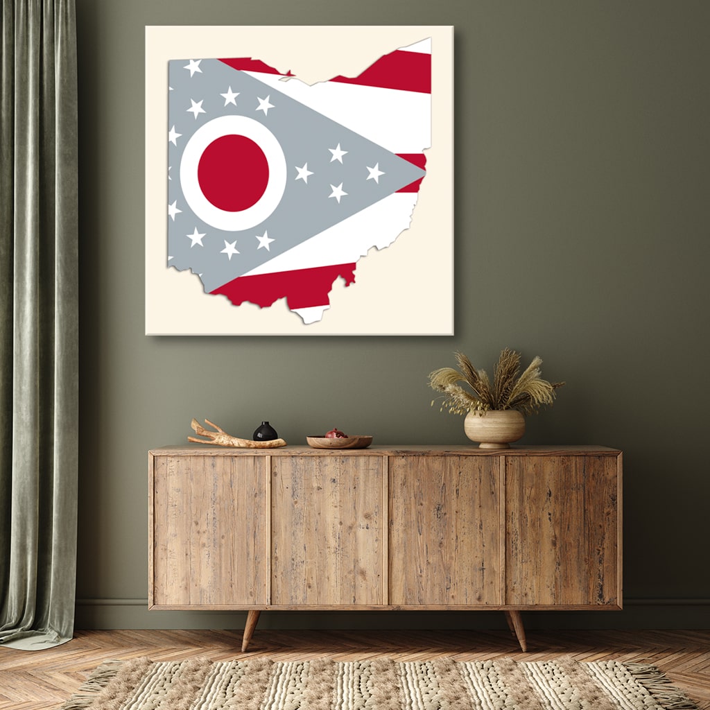 Red and Gray Ohio Flag Silhouette Canvas Wall Art Print