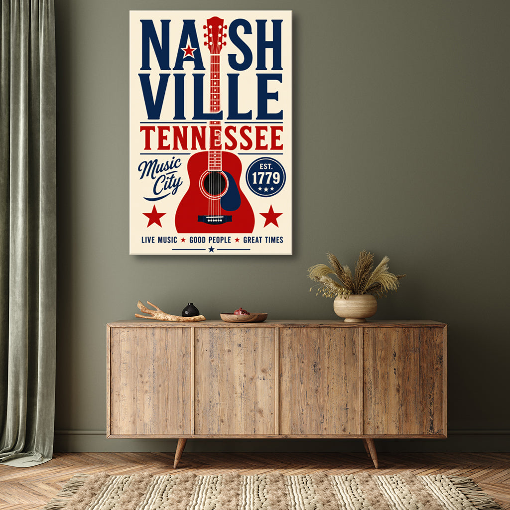 Nashville Guitar Poster Canvas Wall Art Print