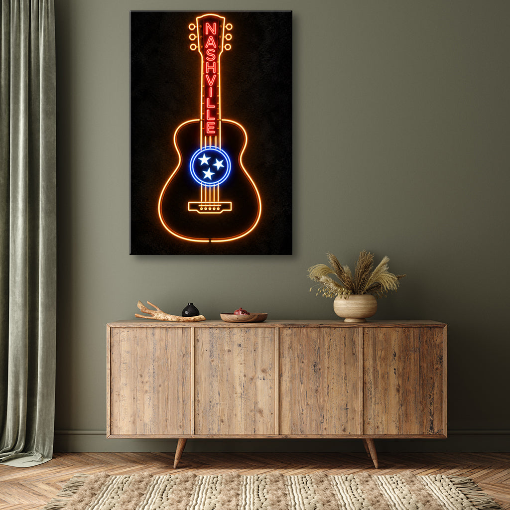Nashville Neon Guitar Canvas Wall Art Print