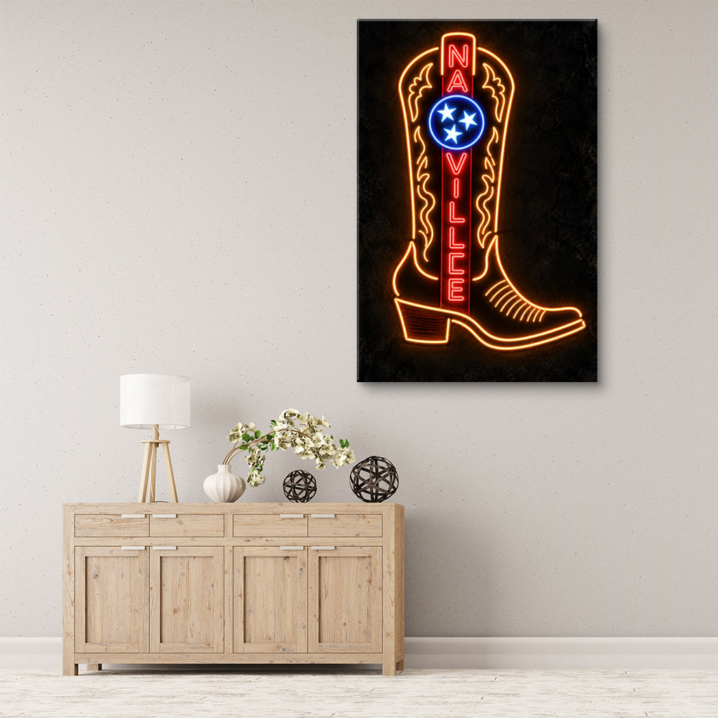 Nashville Neon Cowboy Boot Canvas Wall Art Print