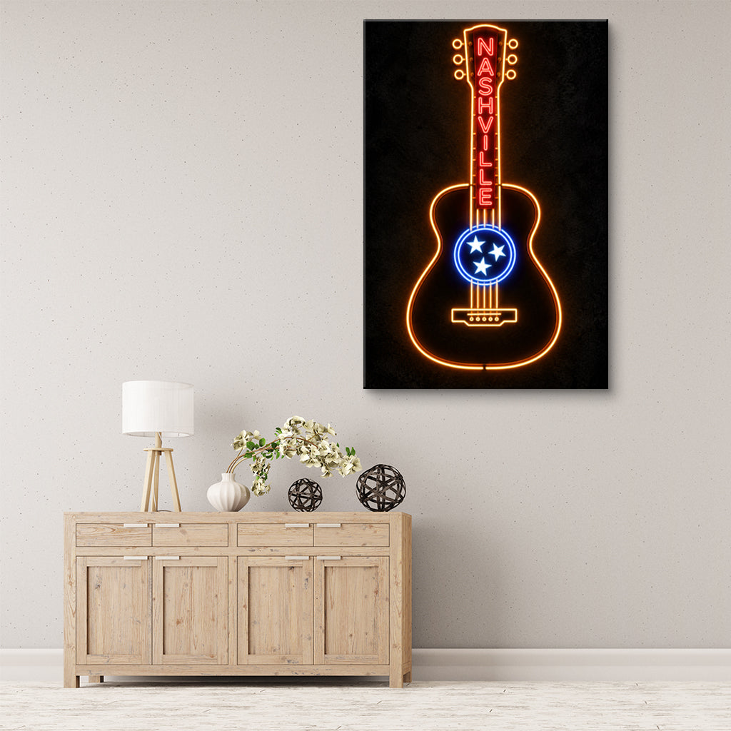 Nashville Neon Guitar Canvas Wall Art Print