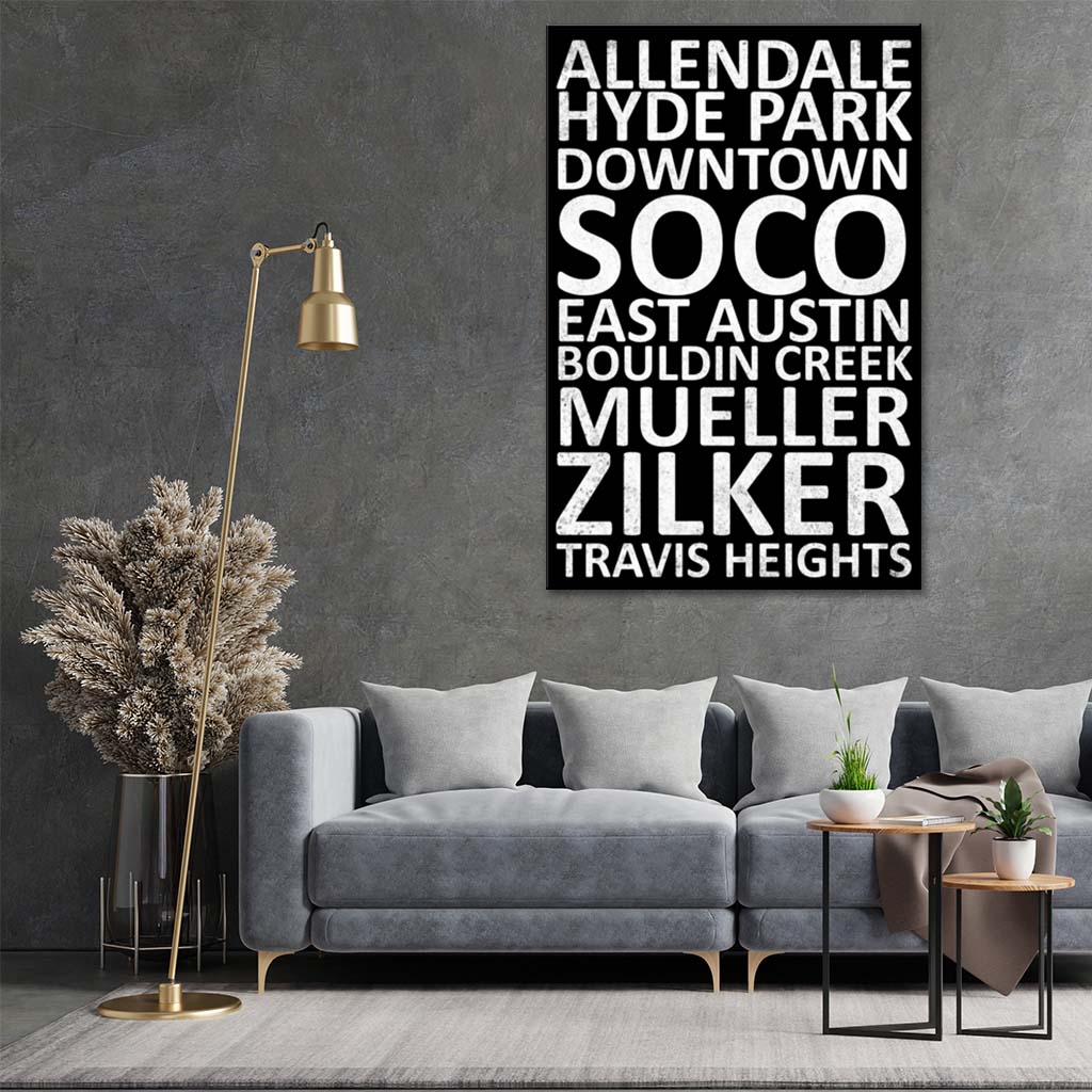Austin Neighborhood Canvas Wall Art Print - Black